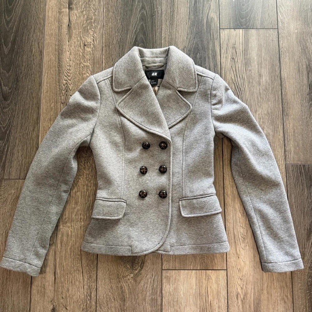 H&M Gray Double Breasted Knit Peacoat Blazer Size 4 Career Office Jacket